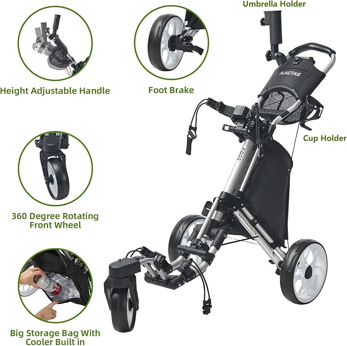 FLAGTAG Golf Push Cart 3 Wheel with 360 Swivel Front Wheel,Lightweight and Foldable Walking Golf Cart，One-Click Foldable,with Foot Brake