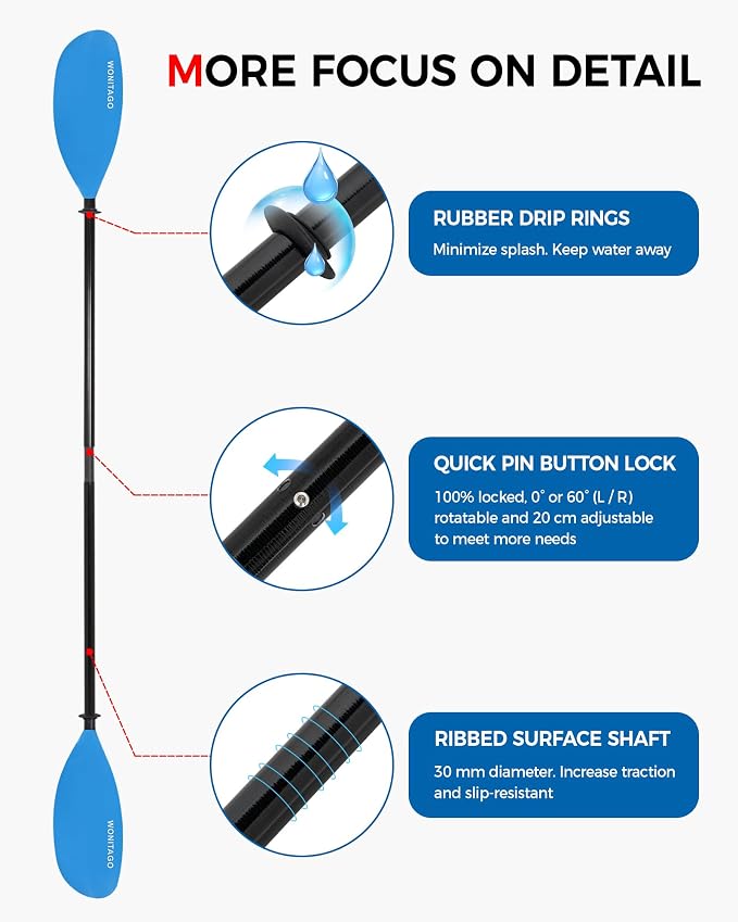 Kayak Paddle with Fiberglass Shaft and Reinforced Nylon Blade, Adjustable Kayaking Oars, 3 Piece, 230-250 cm/90-98 inches, 210-230 cm/82-90 inches