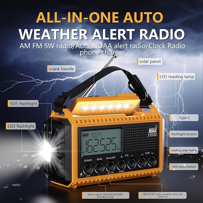Emergency Radio12000mAh, Weather Radio 6 Ways Powered, Solar Hand Crank Radio Flashlight Cell Phone Charger, AUTO NOAA AM/FM/SW Portable Radio Rechargeable, Reading Lamp, SOS Alarm for Emergencies