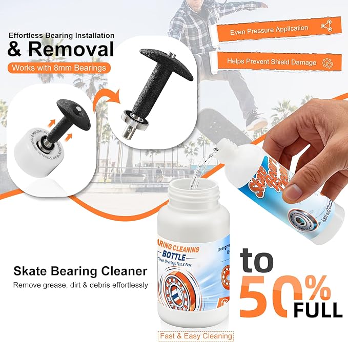 Skate Bearing Cleaning Kit – Portable Complete Bearing Maintenance System with Cleaning Bottle, 200ml Cleaner, 100ml Lubricant Oil, Bearing Press Puller & T Tool for Skateboard & Roller Skates