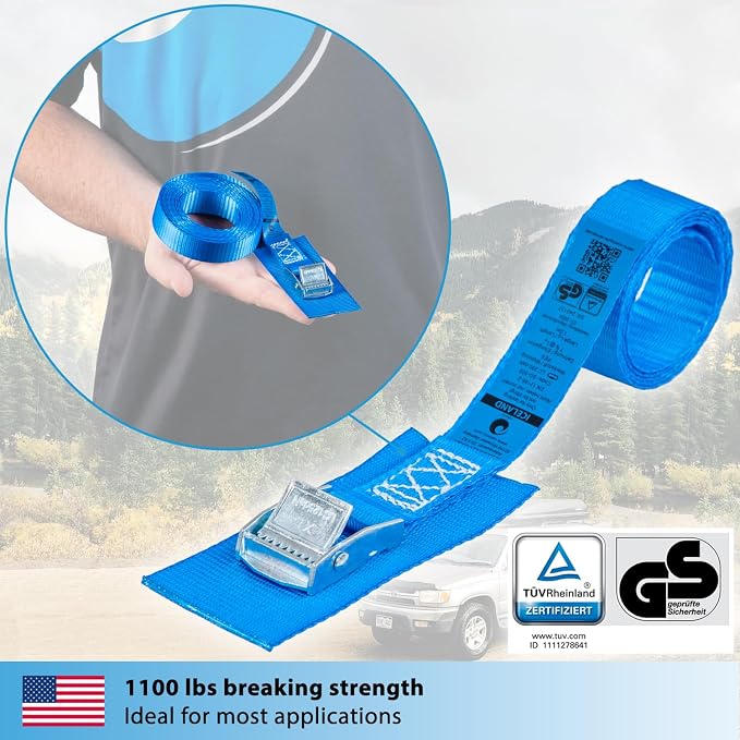 valonic Iceland - tie Down Straps with Protection pad, 4 Pieces, 13 ft x 1 inch, 1100lbs, cam Buckle, TÜV Rheinl. Certified, Blue, Lashing Straps for roof Rack, Kayak, Bike, car