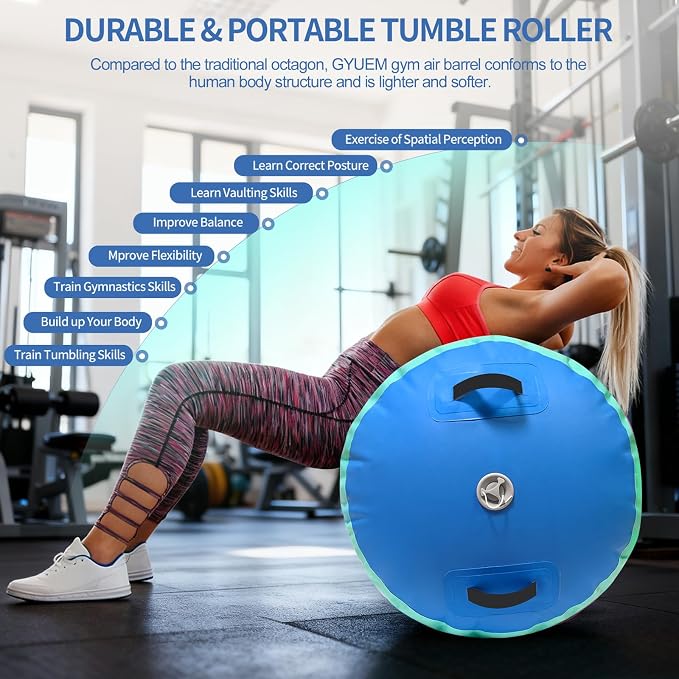 GYUEM Air Roller Gymnastics Barrel Inflatable Tumbling Roller Air Mat Octagon Mat with Electric Pump for Backhandspring Training Cheerleading Home Use