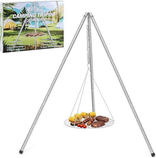 Stainless Steel Campfire Tripod for Cooking, HaSteeL Camping Tripod Grill with 17” Folding Grate, Heavy Duty Openfire Stand Hanger for Outdoors Beach Firepit BBQ, Detachable Handle, Adjustable Height