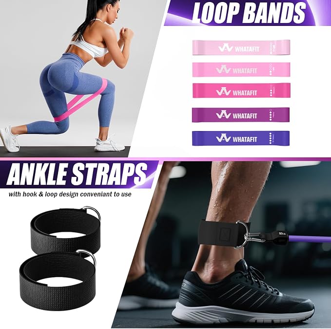 WHATAFIT Resistance Bands, Exercise Bands, Workout Bands with Handles, Door Anchor and Ankle Straps, 5 Resistance Levels Fitness Bands for Strength Training, Physical Therapy, and Home Gym Equipment