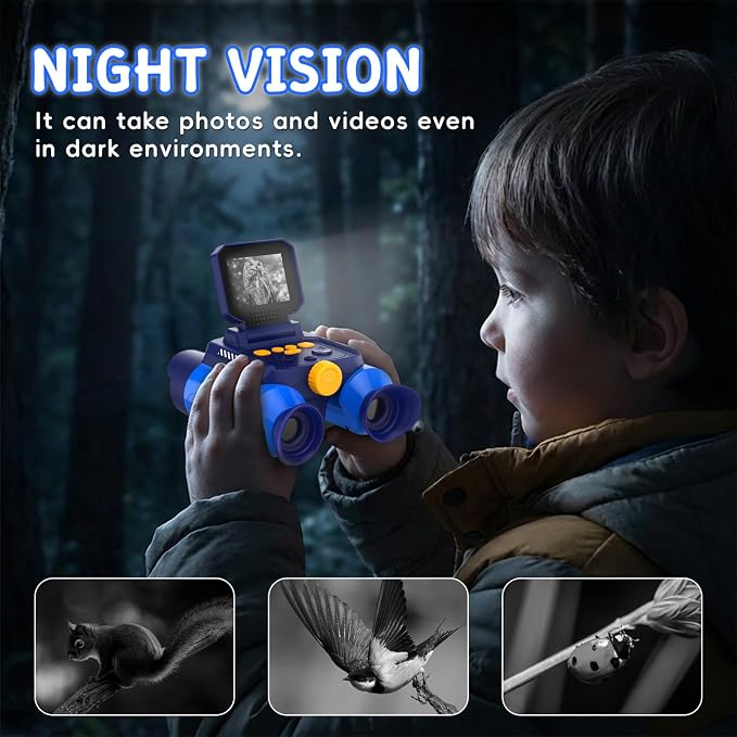 Binoculars for Kids with Night Vision, 2.4" HD Screen & 10X Zoom for Photo and Video - Outdoor Adventure Binoculars Bird Watching, Camping, Hiking, Gifts for Kids Ages 4+ (Blue)