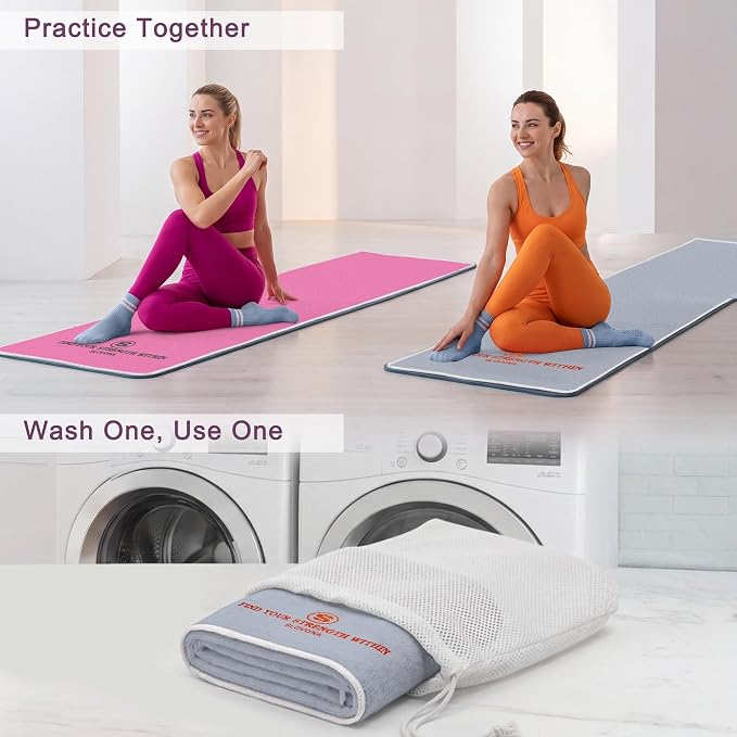 2 Pack Upgraded Yoga Mat Towel with Bonus Grip Socks Elegant Embroidered, 1-Second Sweat Absorption & Non-Slip | Machine Washable Microfiber | Hot Yoga, Pilates | 73''*27.6''| Gray+Pink