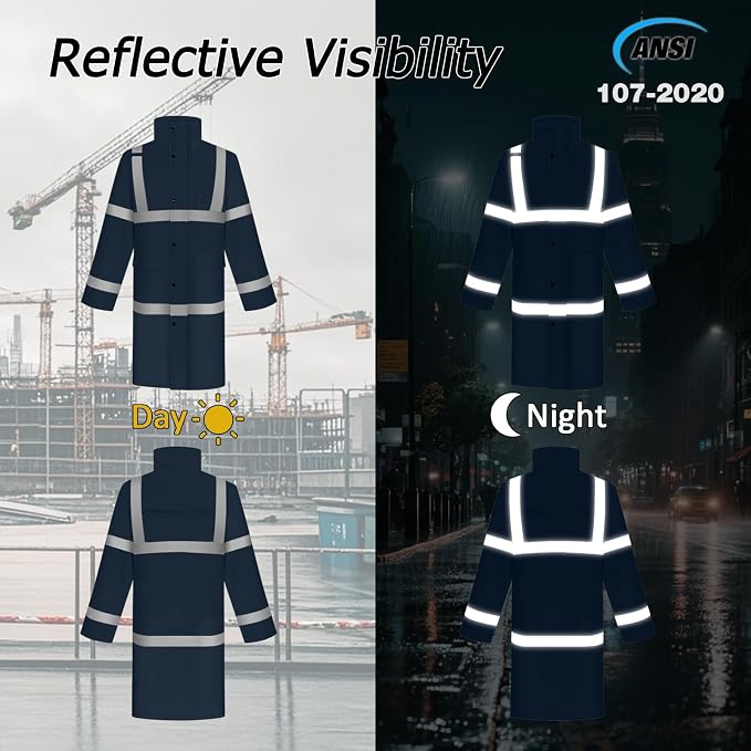 High Vis Rain Jacket, High Visibility Rain Suit for Men Women, Waterproof Rain Coat with Hood, Class 3 Lightweight Hi Vis Rain Gear for Outdoor Activities& Safety Work, Dark Blue Long, L