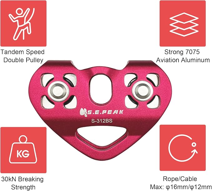 SEPEAK CE 30kN Tandem Speed Double Pulley with 1 Steel 25kN Clip, Zip Line Trolley for Backyard Zipline, Climbing & Rock Rescue Lifting, Fits Cable up to 1/2 Inches/Holds Up to 6750lbs