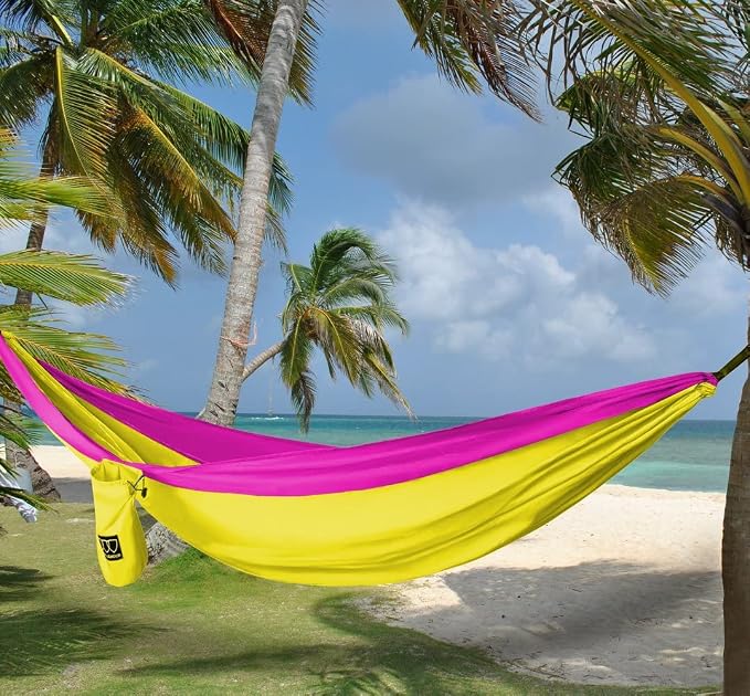 Gold Armour Camping Hammock - XL Double Hammock Portable Hammock Camping Accessories Gear for Outdoor Indoor with Tree Straps, USA Based Brand (Yellow and Pink)
