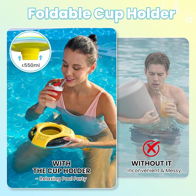 Mambobaby Floating Bluetooth Speaker with Collapsible Cup Holder, IPX7 Waterproof Shower Speaker with 360° Sound & LED Lights, Pool, with Versatile Hanging Strap, Great Gift for All Ages(Yellow Black)