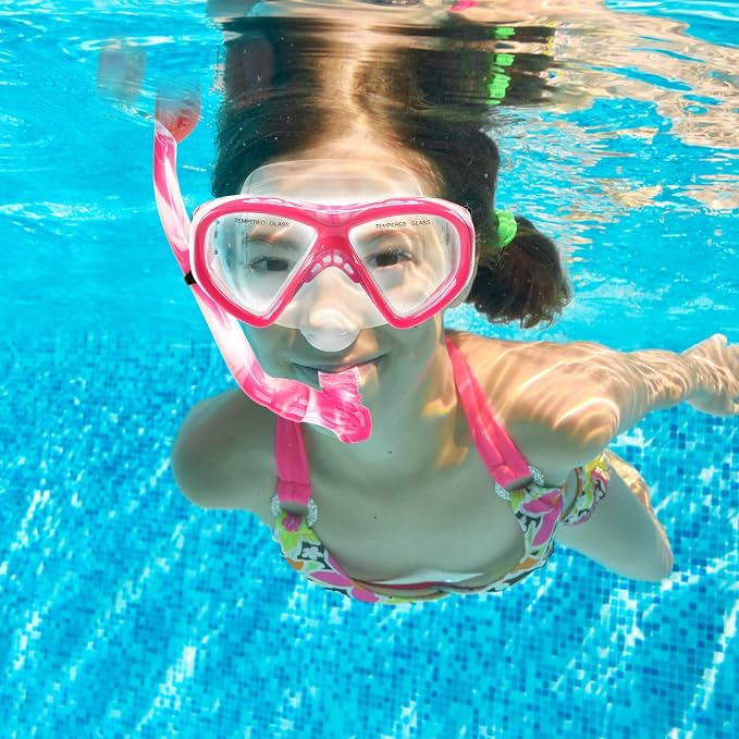 2 Sets Snorkeling Gear for Kids, Kids Snorkel Set for Ages 6-14, Dry Top Snorkel Mask Set for Youth Boys Girls Junior, Tempered Glass Diving Swimming Mask Goggles