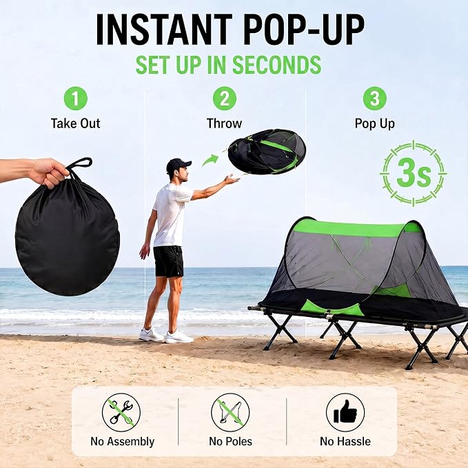 2 Pack Pop up Mosquito Tent for Camping 1 Person Instant Setup Foldable Bug Net Cot Tent with Ground Pin Portable Waterproof Screen Net for Cot Bed Hiking Summer Beach Outdoor