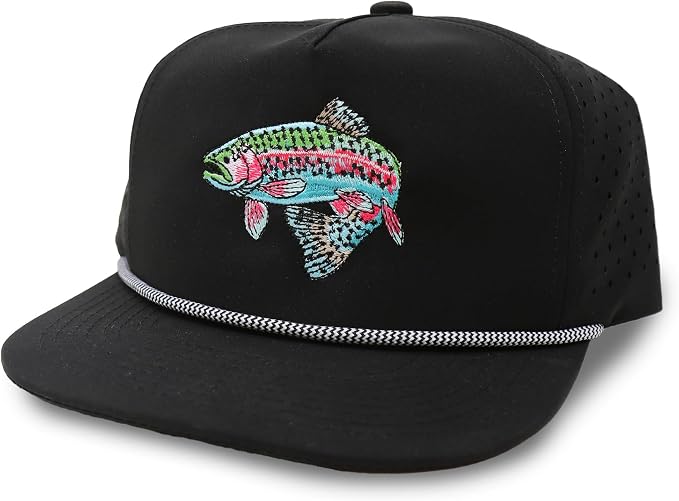 Trout Hat for Men - Dri-Fit Snapback Fishing Cap with Embroidered Rainbow Trout - Performance Laser Back Hat