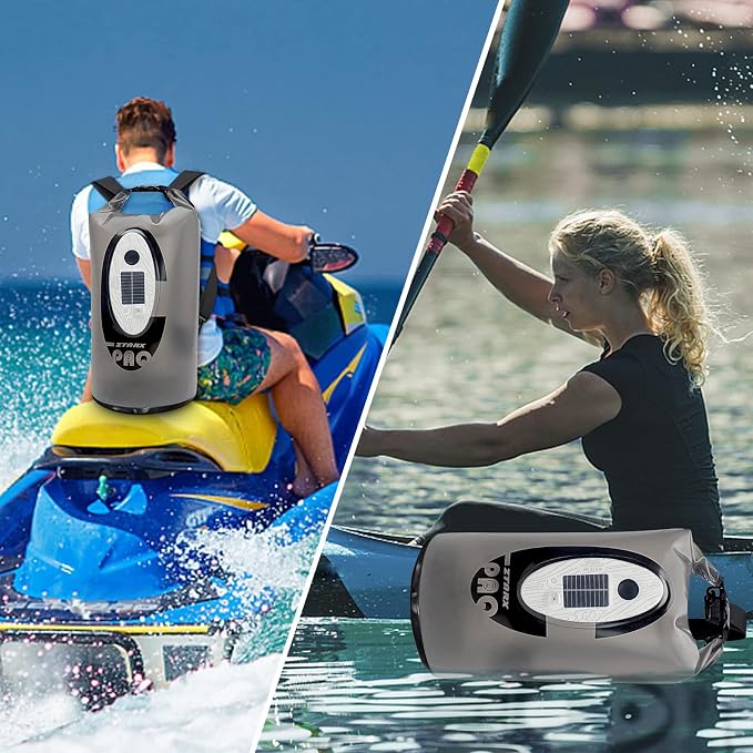 Qoolife Dry Bag Waterproof with Solar Bluetooth Speaker & Light - 10L/20L Roll Top Dry Sack Keeps Gear Dry for Men Women Kayaking, Beach, Rafting, Boating, Hiking, Camping and Fishing