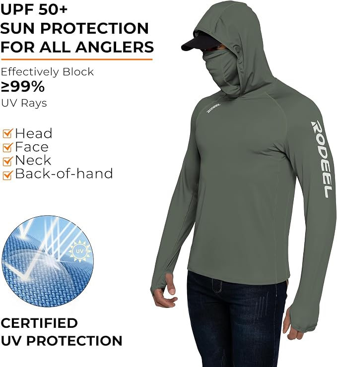 Rodeel Men's UPF 50+ Performance Fishing Hoodie, Long Sleeve Sun Protection Athletic Quick-Dry Breathable T-Shirt