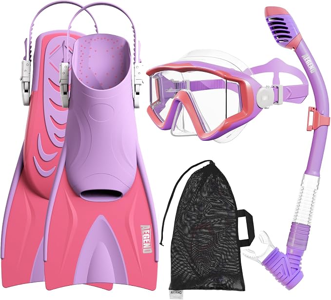 Aegend Snorkeling Gear for Kids Youth – 4-in-1 Snorkel Set with Anti-Fog Mask, Dry Snorkel & Adjustable Fins for Swimming, Diving, Snorkeling, Beach Vacation – Includes Travel Mesh Bag