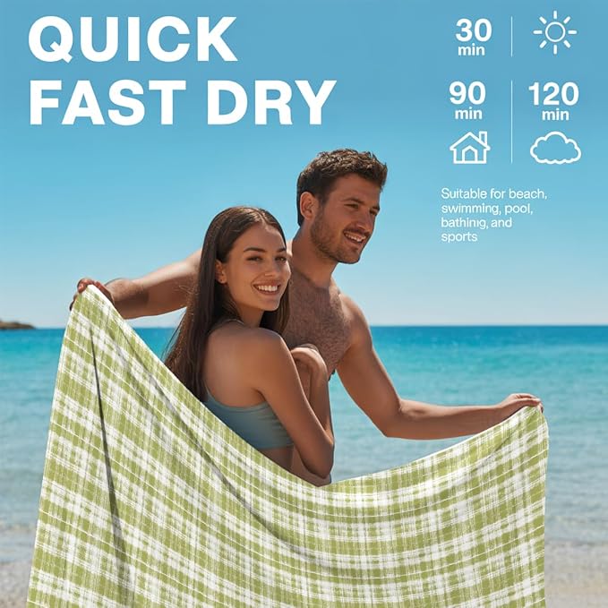 2 Pcs Microfiber Beach Towel Sand Free Quick Dry Oversized Lightweight Absorbent Sage Green and White Textured Plaid Design Bath Towels for Pool Travel 71 x 32 Inches