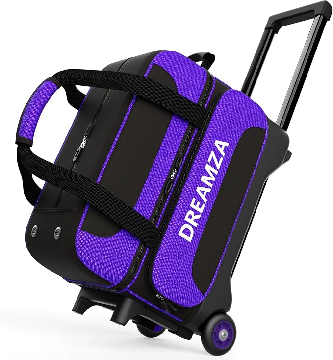 2 Ball Bowling Bag with Wheels, Double Bowling Ball Bag 2 Ball Roller w/Separate Compartment for Shoes Up to US Mens Size 16, w/Retractable Handle Extends to 40" & Accessories Pocket