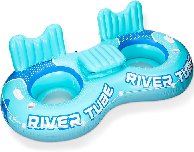 Pcs Inflatable River Tube Float, 2 Person Heavy Duty Pool Float with Built in Cooler, Ergonomic Backrest and Cup Holders for Adults, Lake Water Tubes for Floating Summer Relaxation
