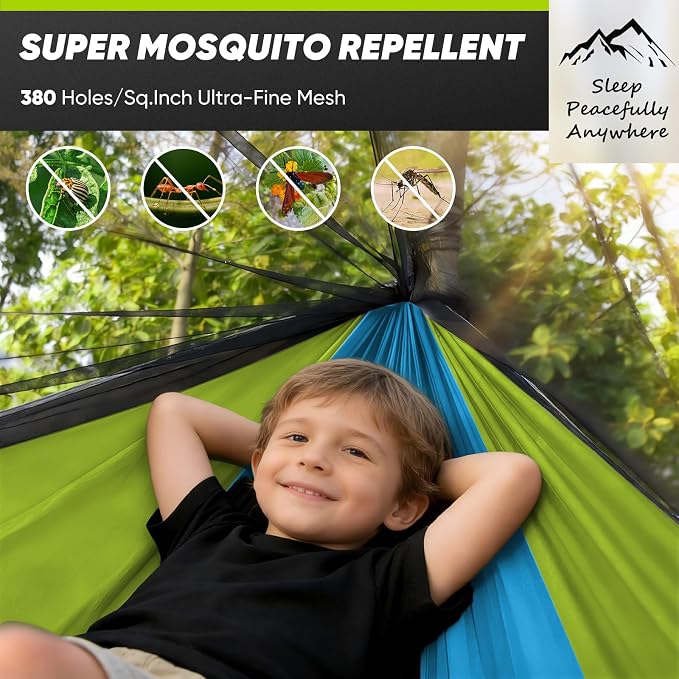 Kids Camping Hammock with Mosquito Net, 450 lbs Portable Hammock with Tree Straps, 2-in-1 Double/Single Travel Hammocks for Children, Hammock for Outside/Indoor/Backpacking/Beach - Sky Blue & Green