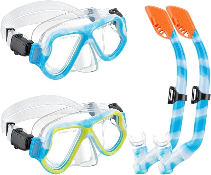 Snorkeling Gear for Kids, 4 in 1 Child Mask Fins Snorkel Set with Panoramic View Anti Fog Mask, Dry Top Snorkel, Trek Fins and Travel Bag, Kids Snorkeling Set with Fins for Snorkeling Swimming