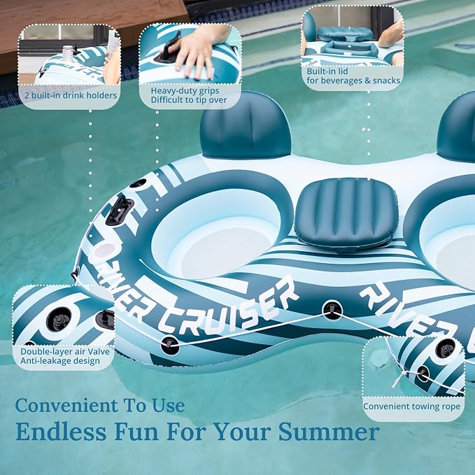 Heavy Duty 2 Person River Tubes for Floating with Cooler Inflatable Floating Lounger Premium Water Rafts Pool Float Above Lake and River for Adults Double Green