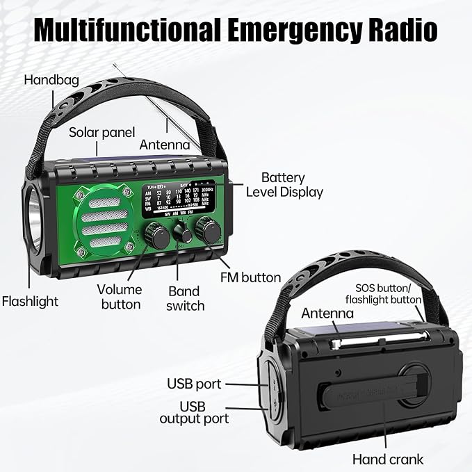 20000mah Hand Crank Emergency Radio,SW/NOAA/AM/FM Weather Radio, Solar Powered Hand Crank Chager with Bige Batery Powered,Portable,Cellphone Charge,SOS,Flashlight for Emergency (XSY-350-Army Green)
