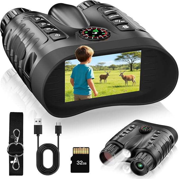 4K Night Vision Goggles for Kids, 36MP Full-Color Night Vision Binoculars 8X Zoom 850nm Stealth IR for All Black Observation-Gift with Compass, Photo & 4K Video Recording, 3.2" Screen and 32GB Card