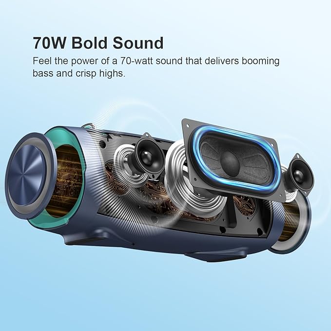 DOSS Extreme Boom Pro D100, 70W Bluetooth Speaker with Deep Bass, IPX6 Waterproof, 10400mAh 24H Battery, Built-in Power Bank, TWS Stereo Pairing & Beat-Sync Lights for Outdoor Camping Party – Black
