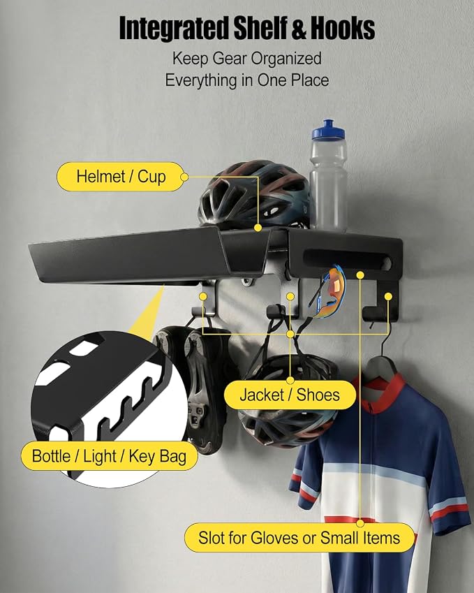 Bike Wall Mount Rack with Shelf and Hooks – Heavy Duty Indoor Bicycle Storage for Road, Mountain and Other Bikes, Space-Saving Wall Hanger for Helmets, Shoes and Accessories