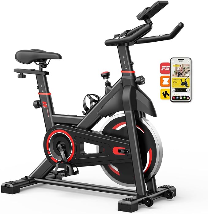OLIXIS Exercise Bike with APP Control, Brake Pad Stationary Bikes with Quiet Magnetic Resistance, Indoor Cycling Spin Workout Bike with 300.0 lbs Weight Capacity,Orange/Red/Blue