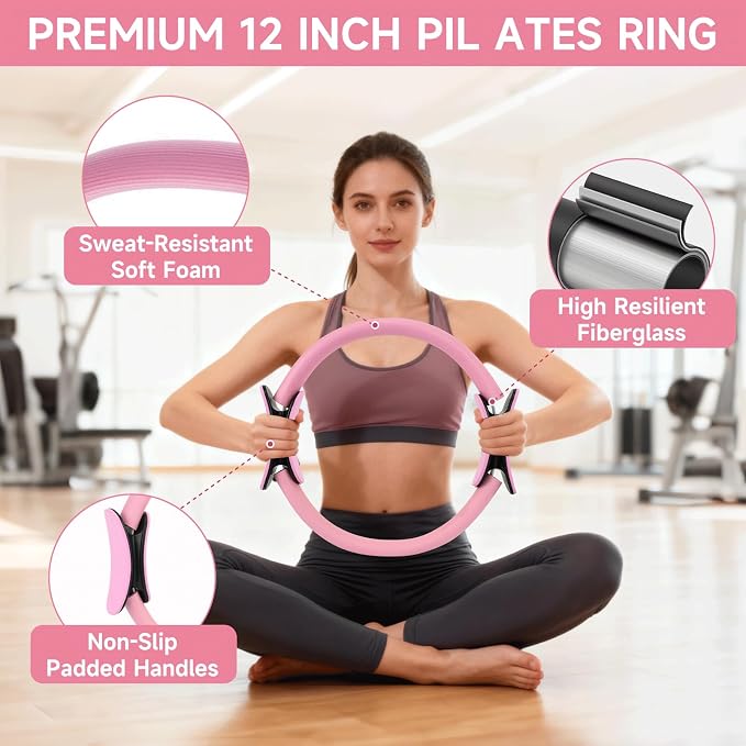 SANLIKE Home Pilates Essentials Kit for Women, Pilates Equipment Ring and Ball Set, 12'' Magic Circle, Yoga Ball,8 Resistance Bands Premium Accessories Kits for Starter Toning Workouts at Home