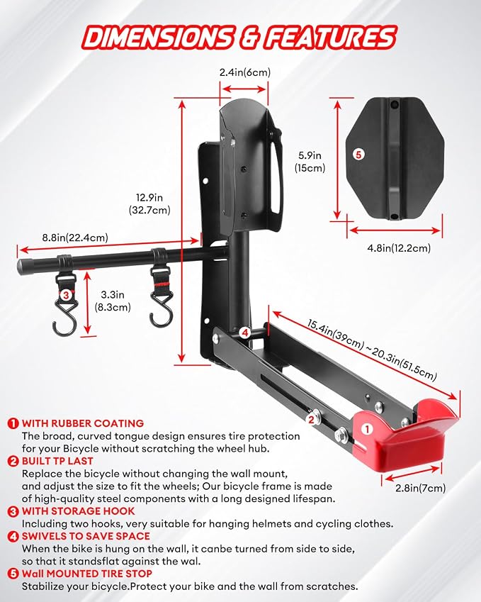 Swivel Bike Wall Mount,160° Wall Mount Bike Storage Garage with 2 Hooks,77lbs Load Capacity Wall Mounted Bike Holder for Mountain Bike
