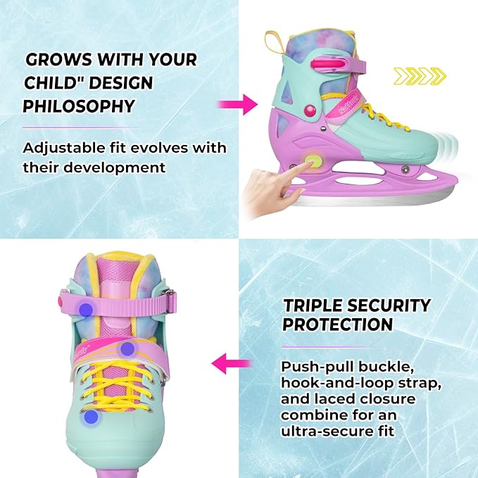 Nattork Ice Skates 4 Sizes Adjustable for Kids Boys Girls, Fun Beginner Ice Skating for Outdoor, Soft and Comfortable Hard Protection for Children Youths Teen