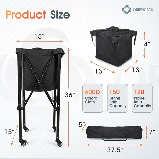 ORIENGEAR Wheeled Pop-up Tennis Ball Hopper, 150-Ball Capacity Basket with Side Pockets & Carrying Bag, Lightweight Sports Teaching Cart for Tennis, Pickleball, Baseball and Softball