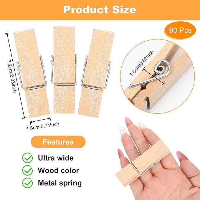90 Pcs Large Wooden Clothespins Extra Wide 2.83 Inches Length Sturdy Wooden Clothespin Heavy Duty DIY Clips for Laundry Hanging Clothes Craft Food Opened Bags Display DIY