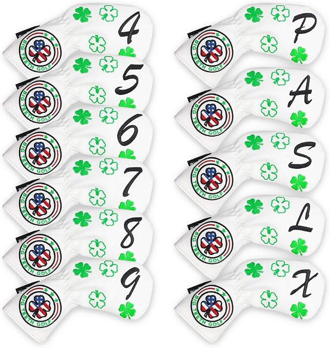 Big Teeth Golf Cover Lucky Clover Headcover Covers, Driver Fairway Wood Hybrid Headcovers Fits Blade Mallet Putter Iron and Woods with Magnetic White Shamrock Head Club Protector Leather