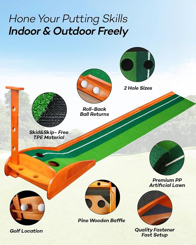 IDEASKY Golf Putting Mat, 9 Ft, Indoor | Auto Ball Return, Dual Holes, Alignment Guides, Gift for Men Daddy Golfer