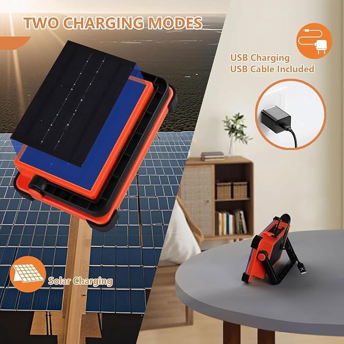 120W LED Solar Work Light, 144 LED 10000LM Portable Flood Light with Stand, Orange 4 Modes Rechargeable, IP65 Waterproof Outdoor Working Light for Camping, Fishing, Car Repair & Mechanics (Red)