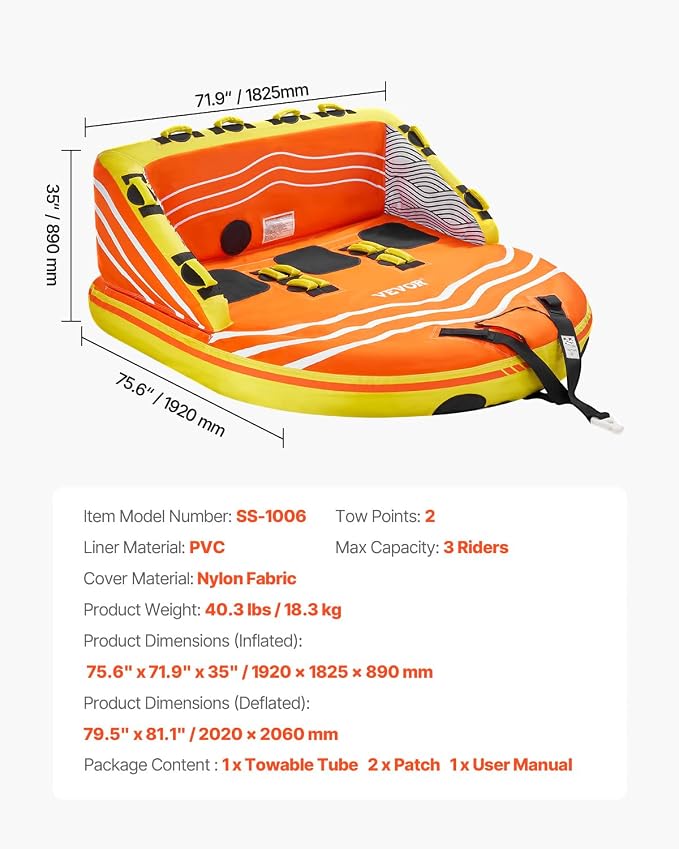 VEVOR Towable Tube for Boating, 1-3 Riders Inflatable Boat Tubes and Towables, 510lbs Water Sport Towable Tube for Boat to Pull - with Full Nylon Cover, 16 Grab Handles, Dual Tow Points & Safety Valve