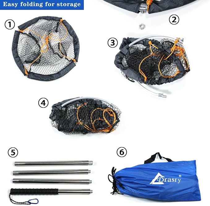 Drasry Large Collapsible Bridge Pier Fishing Net Landing Net with Rod, High Load Aluminum Ring Drop Net for Saltwater and Freshwater Pier Fishing Basket with 49.2 ft. Rope