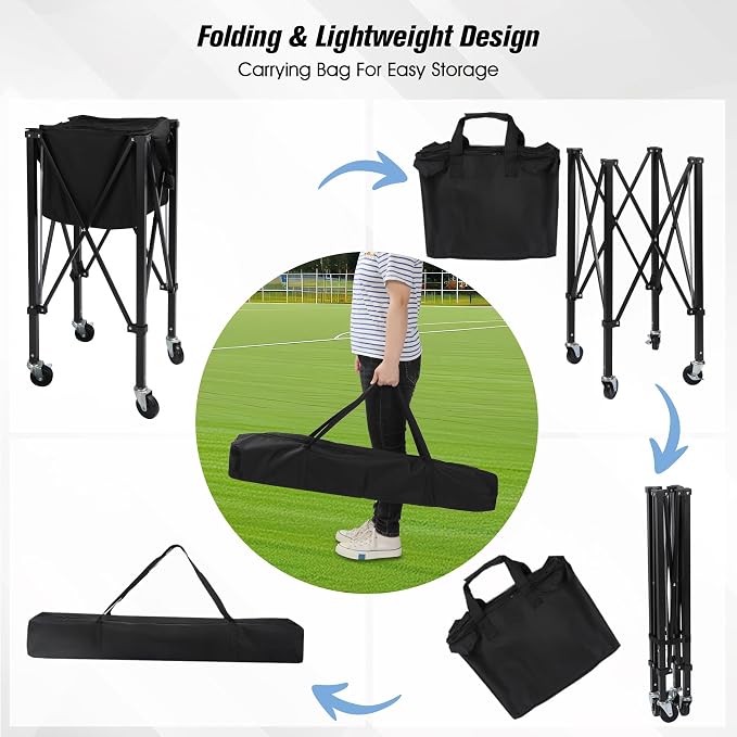 Portable Tennis Ball Hopper Holds 180 Balls, Tennis Ball Basket Cart with 4 Wheels & Brakes, Detachable Oxford Fabric Bag for Tennis and Pickleball Training, Black