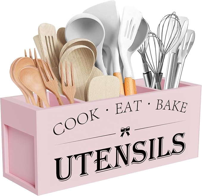 Suli Extra Large Kitchen Utensils Holder with 4 Compartments, Wooden Utensil Organizer for Kitchen Countertop, Farmhouse Kitchen Decor, Rustic Cooking Utensil - Pink