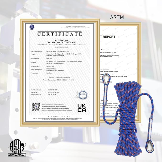NewDoar 14KN Static Climbing Rope 8mm(5/16in) Accessory Cord Equipment 33FT(10M) 66FT(20M) 98FT(30M) 165FT(50M) Escape Rope with 2 Carabiners for Ice Climbing Equipment Fire Rescue Rope-Blue/10M