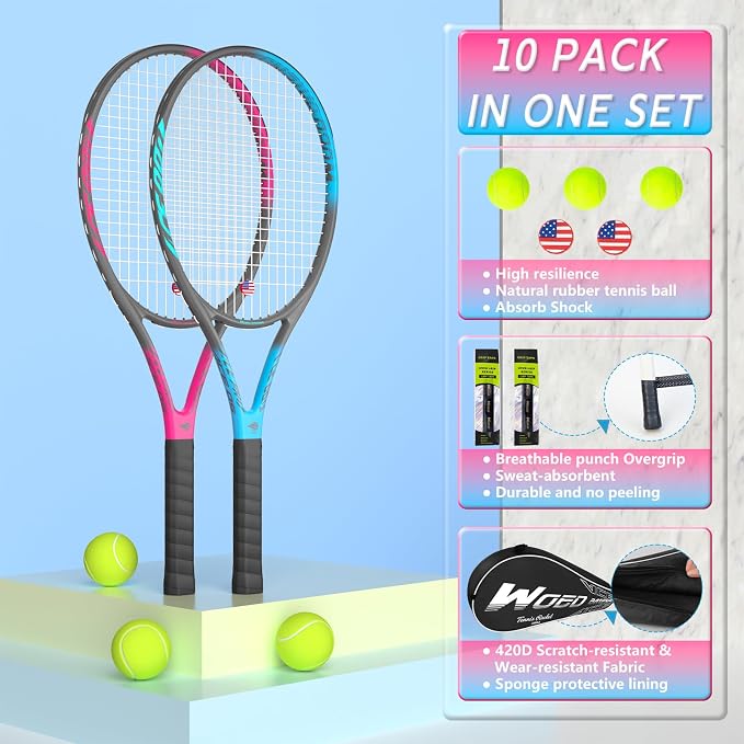Pro Tennis Racket for Adults, 2 Player 27 inch Speed Tennis Racquet Acceptable for Beginner and Professional with 3 Tennis Balls, 2 Vibration Dampes, 2 Overgrips, Tennis Bag