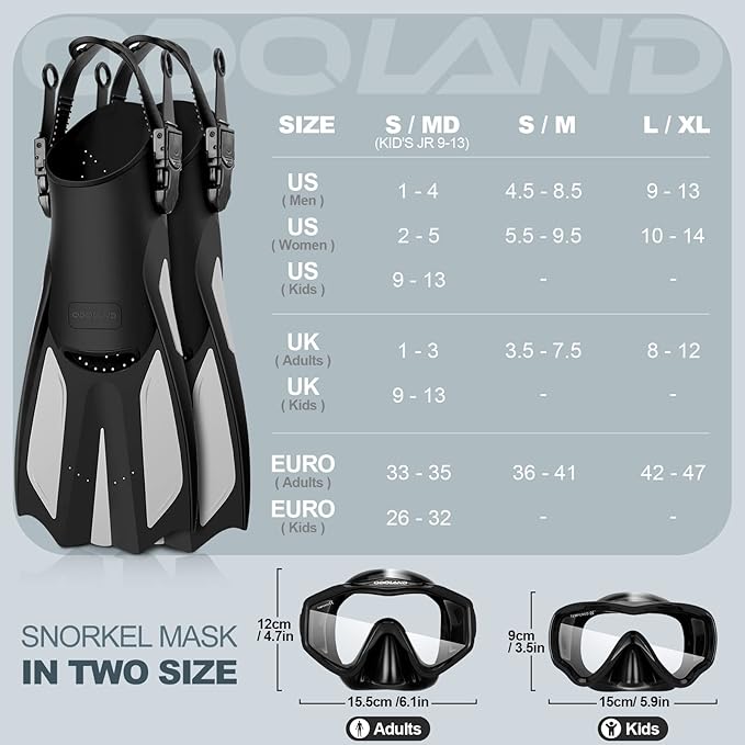 Odoland Snorkel Set, Adults Snorkeling Packages with Dry Top Diving Mask, Adjustable Swim Fins, Mesh Bag, Anti-Fog Anti-Leak Snorkeling Gear for Men Women