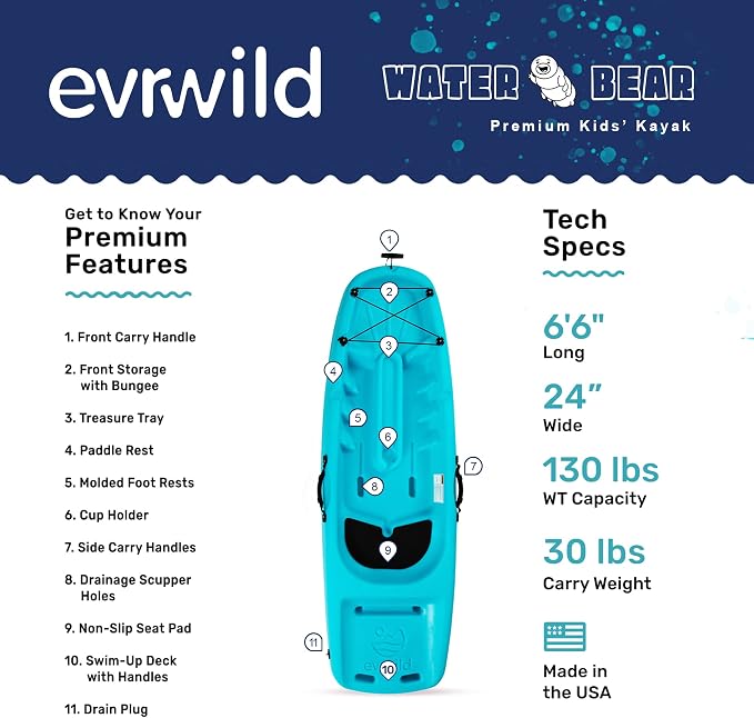 Evrwild Kids 6.5ft Kayak with Paddle, Lightweight Premium & Stable, 3-Level Footrest, Sit On Top for Youth to Teen Up to 130lbs