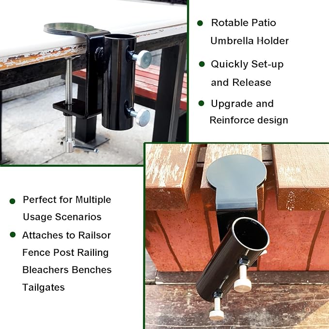 Heavy Duty Steel Umbrella Clamp - 360° Rotatable Balcony Umbrella Railing Umbrella Holder, Attaches to The Deck Railing, Chair, Benches, Tailgates, Boats and More, Black