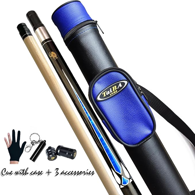 Tai ba cues 2-Piece Pool cue Stick + Hard Case, 13mm Tip, 58", Hardwood Canadian Maple Professional Billiard Pool Cue Stick 18,19,20,21,22 Oz Pool Stick (Selectable)-Blue, Black, Red, Gray, Green
