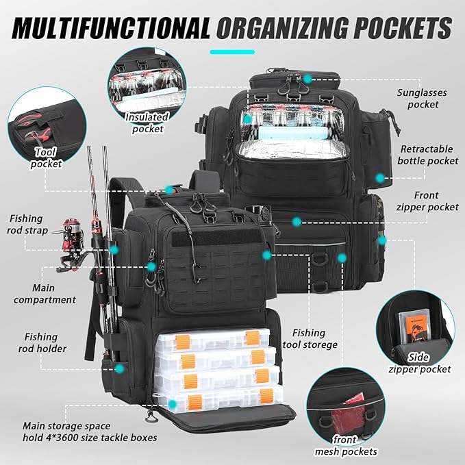 Tactical Fishing Backpack with Tackle Boxes, Rod Holders & Bottle Holder, 50 L Large Tackle Box Backpack with Cooler, Fishing Tackle Bag with Trays Store Gear & Equipment, Black